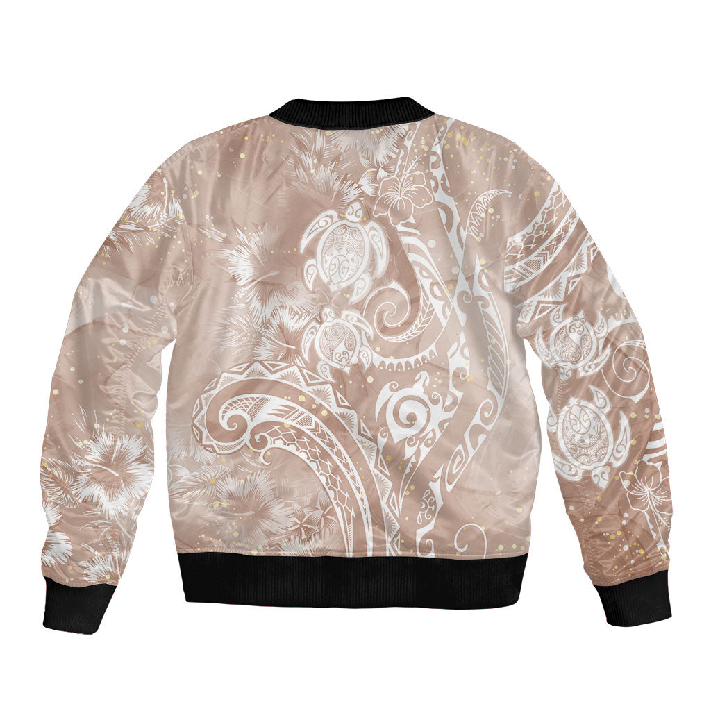 Aloha Hawaii Turtles Floral Sleeve Zip Bomber Jacket Taupe Marbles Glaze