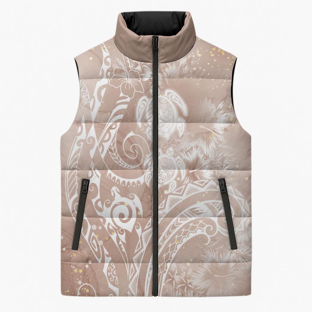 Aloha Hawaii Turtles Floral Sleeveless Puffer Jacket Taupe Marbles Glaze