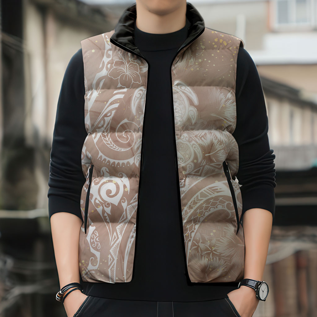 Aloha Hawaii Turtles Floral Sleeveless Puffer Jacket Taupe Marbles Glaze