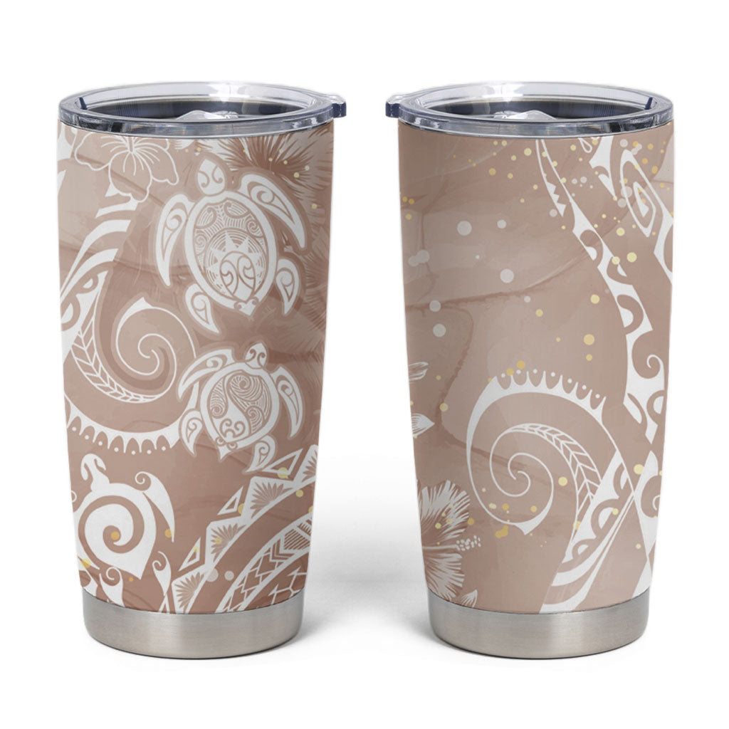 Aloha Hawaii Turtles Floral Tumbler Cup Taupe Marbles Glaze