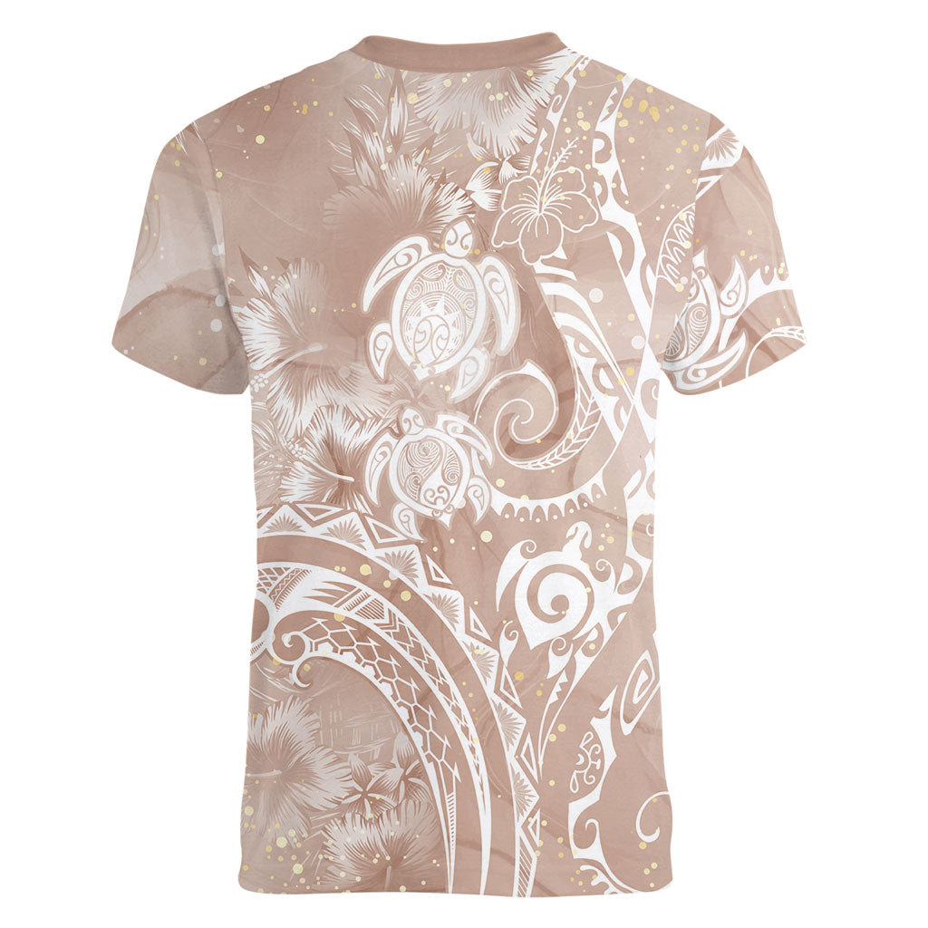 Aloha Hawaii Turtles Floral Women V-Neck T-Shirt Taupe Marbles Glaze