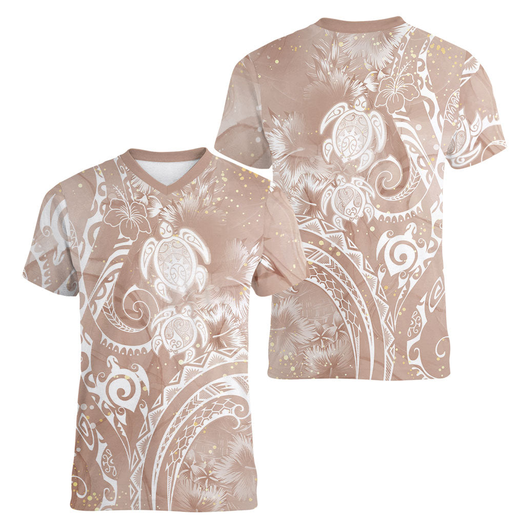 Aloha Hawaii Turtles Floral Women V-Neck T-Shirt Taupe Marbles Glaze