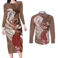 Tahiti Islands Polynesian Plumeria Couples Matching Long Sleeve Bodycon Dress and Long Sleeve Button Shirt Tahitian Vahine 'Ote'a - Beige