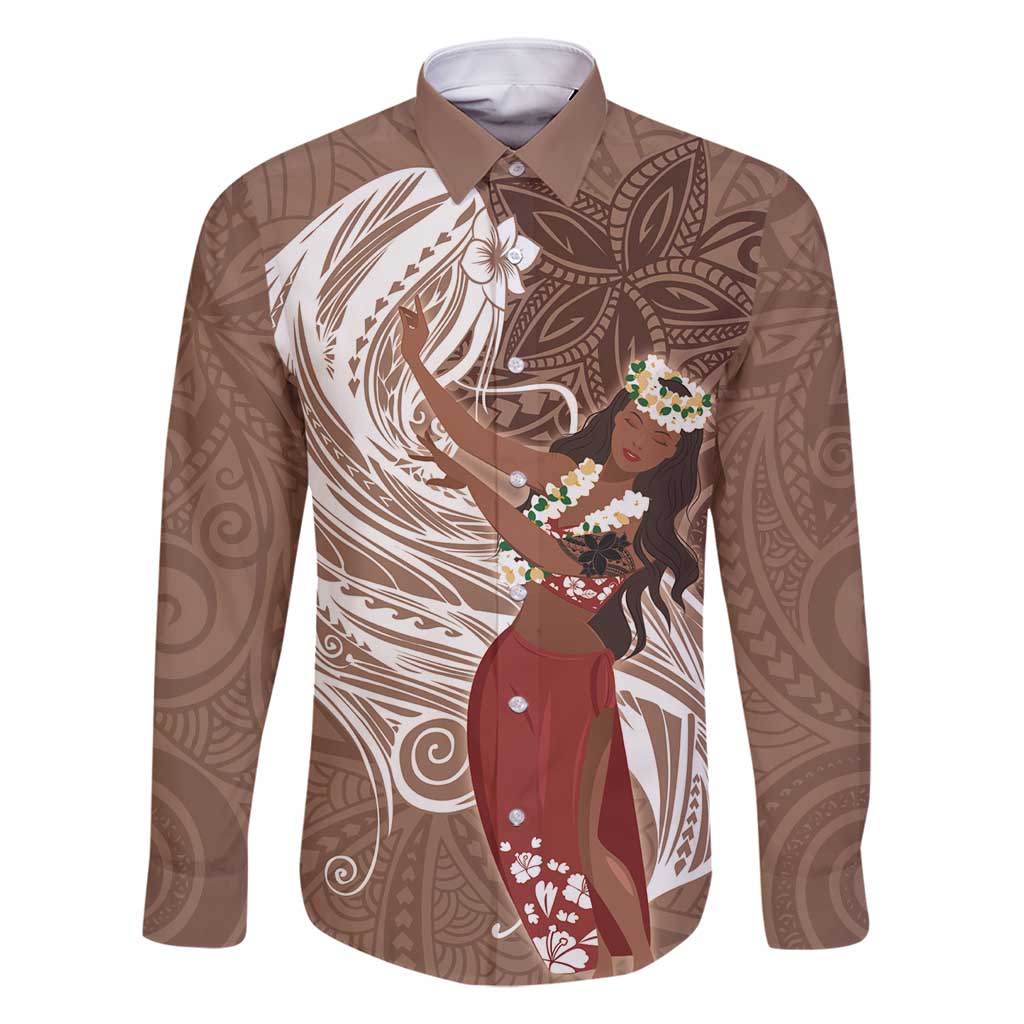 Tahiti Islands Polynesian Plumeria Family Matching Mermaid Dress and Hawaiian Shirt Tahitian Vahine 'Ote'a - Beige LT7 Dad's Shirt - Long Sleeve Beige - Polynesian Pride
