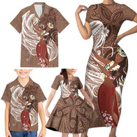 Tahiti Islands Polynesian Plumeria Family Matching Short Sleeve Bodycon Dress and Hawaiian Shirt Tahitian Vahine 'Ote'a - Beige