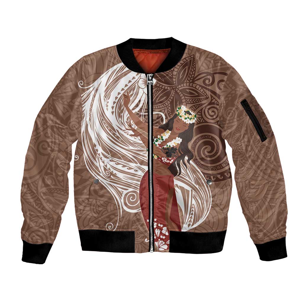 Tahiti Islands Polynesian Plumeria Sleeve Zip Bomber Jacket Tahitian Vahine 'Ote'a - Beige LT7 Unisex Beige - Polynesian Pride