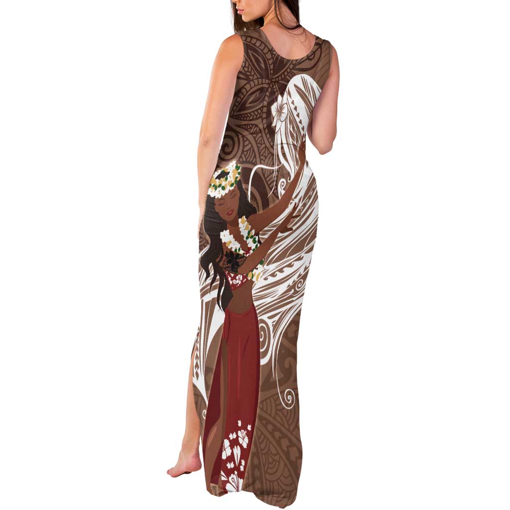 Tahiti Islands Polynesian Plumeria Tank Maxi Dress Tahitian Vahine 'Ote'a - Beige