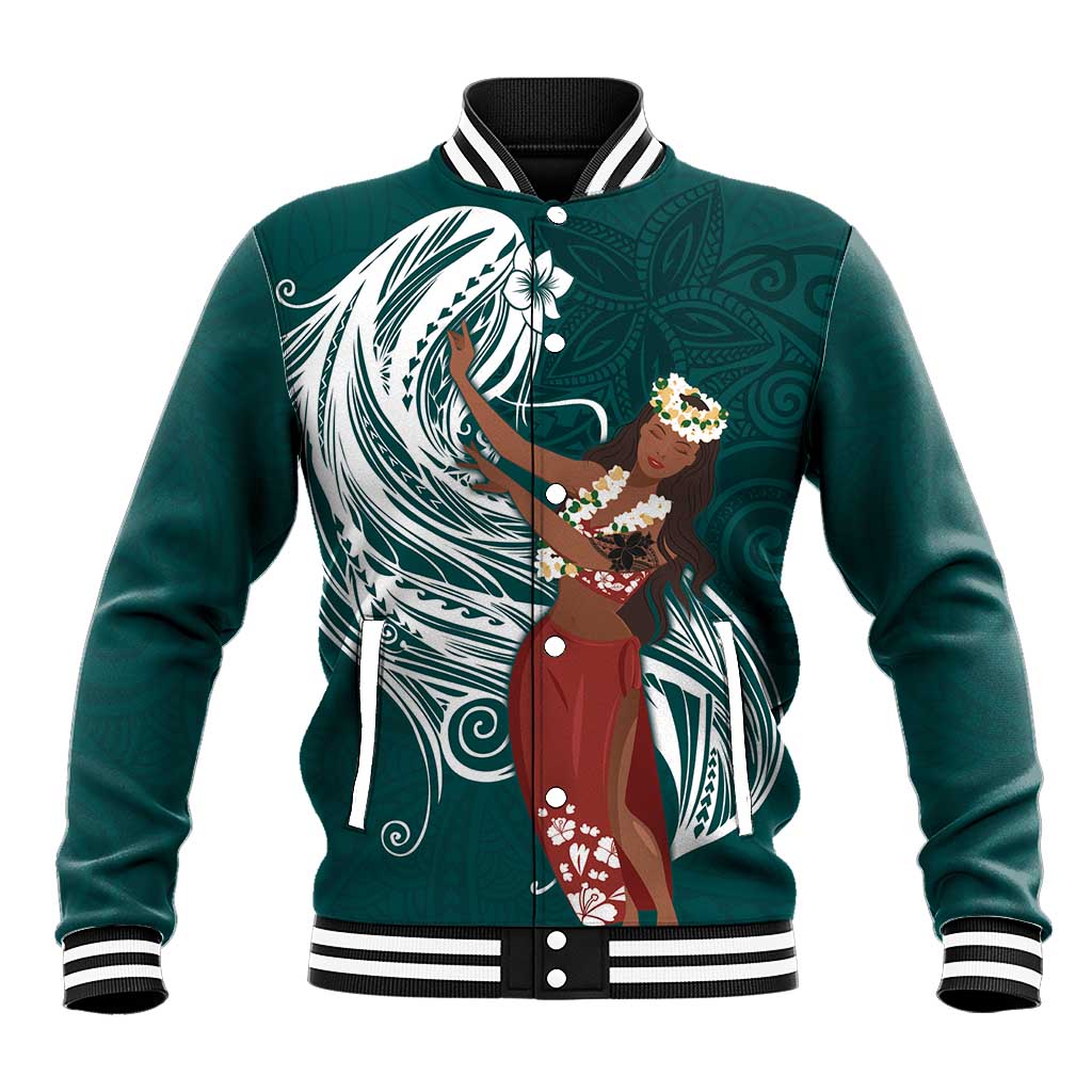 Tahiti Islands Polynesian Plumeria Baseball Jacket Tahitian Vahine 'Ote'a - Teal LT7 Unisex Teal - Polynesian Pride