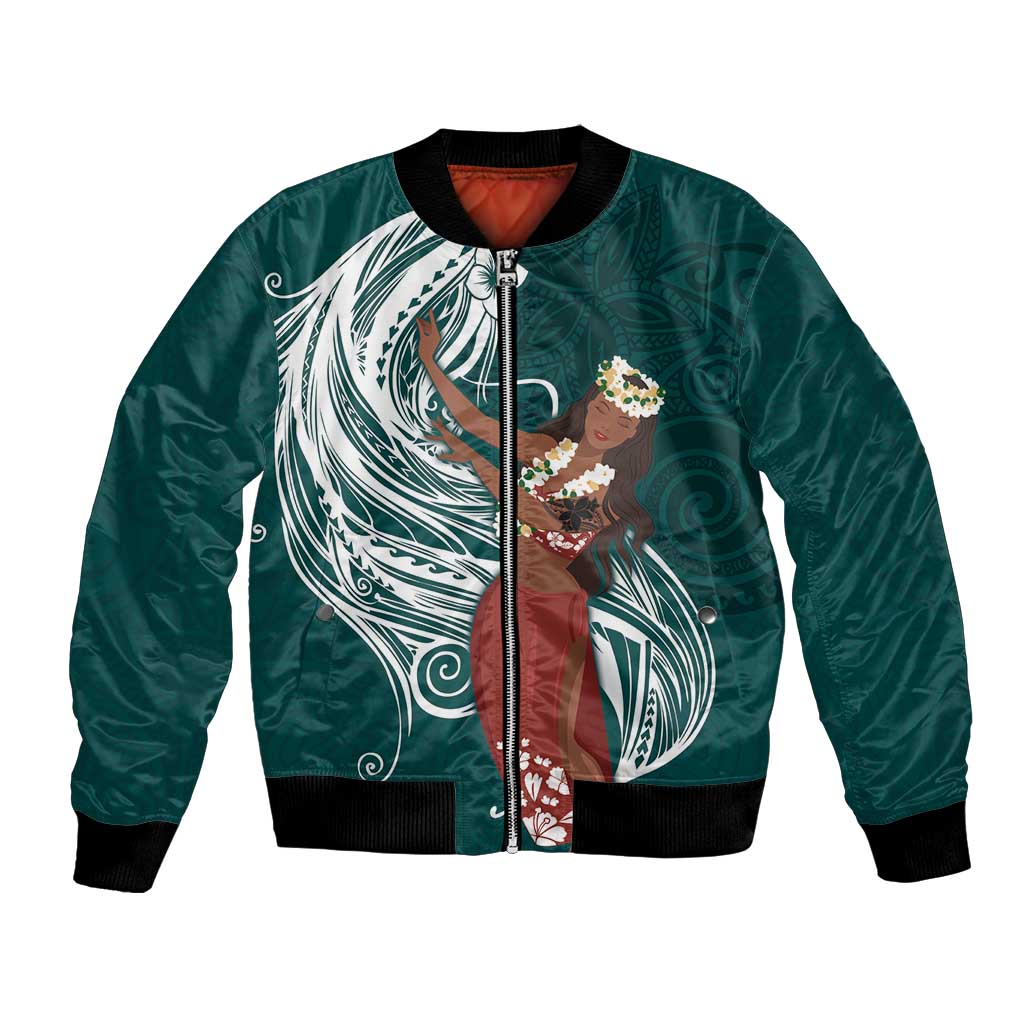 Tahiti Islands Polynesian Plumeria Bomber Jacket Tahitian Vahine 'Ote'a - Teal LT7 Unisex Teal - Polynesian Pride