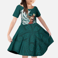 Tahiti Islands Polynesian Plumeria Family Matching Mermaid Dress and Hawaiian Shirt Tahitian Vahine 'Ote'a - Teal LT7 Daughter's Dress Teal - Polynesian Pride