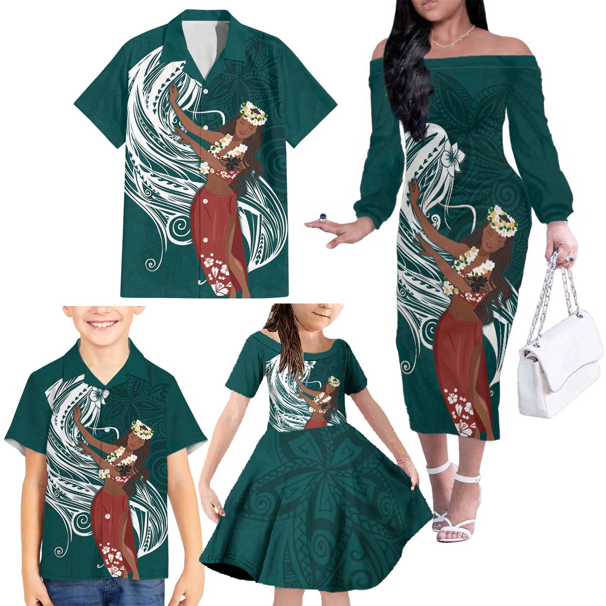 Tahiti Islands Polynesian Plumeria Family Matching Off The Shoulder Long Sleeve Dress and Hawaiian Shirt Tahitian Vahine 'Ote'a - Teal LT7 - Polynesian Pride