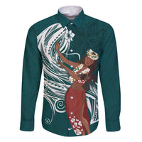Tahiti Islands Polynesian Plumeria Family Matching Off The Shoulder Long Sleeve Dress and Hawaiian Shirt Tahitian Vahine 'Ote'a - Teal LT7 Dad's Shirt - Long Sleeve Teal - Polynesian Pride