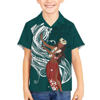 Tahiti Islands Polynesian Plumeria Family Matching Off The Shoulder Long Sleeve Dress and Hawaiian Shirt Tahitian Vahine 'Ote'a - Teal LT7 Son's Shirt Teal - Polynesian Pride