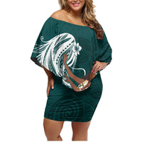 Tahiti Islands Polynesian Plumeria Family Matching Off Shoulder Short Dress and Hawaiian Shirt Tahitian Vahine 'Ote'a - Teal