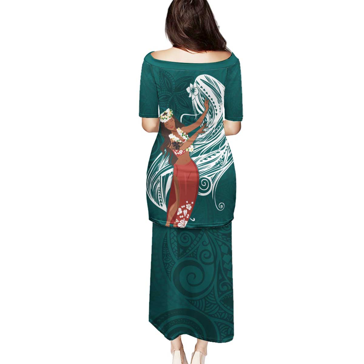 Tahiti Islands Polynesian Plumeria Family Matching Puletasi and Hawaiian Shirt Tahitian Vahine 'Ote'a - Teal