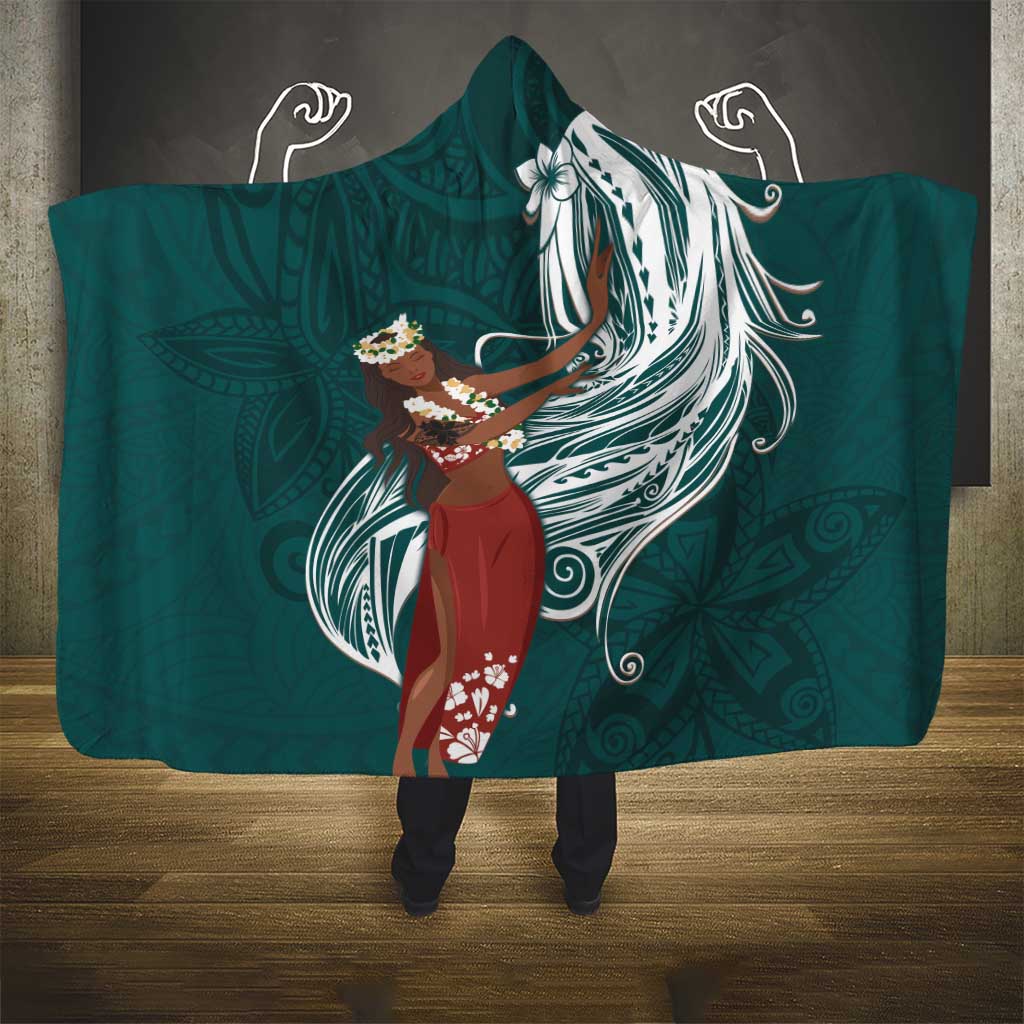 Tahiti Islands Polynesian Plumeria Hooded Blanket Tahitian Vahine 'Ote'a - Teal