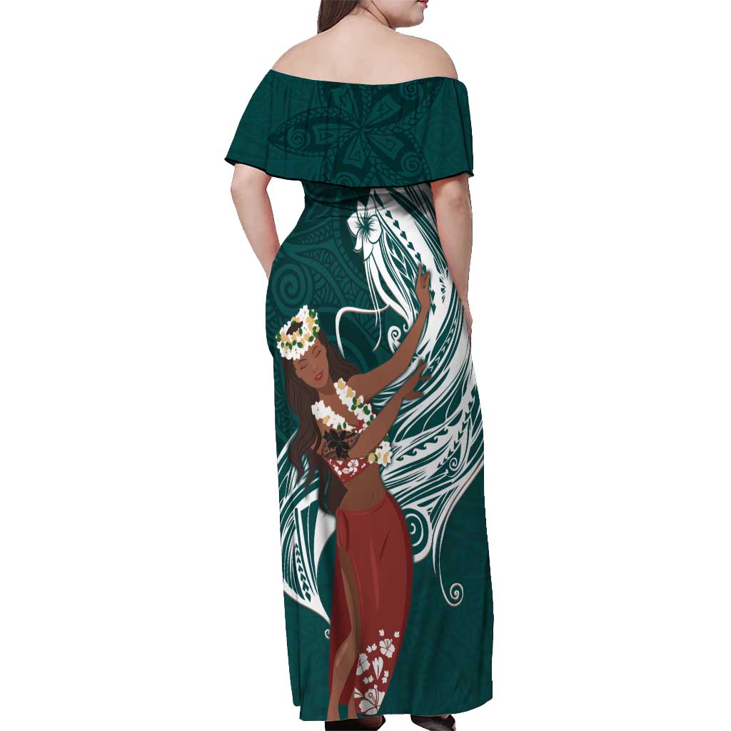 Tahiti Islands Polynesian Plumeria Off Shoulder Maxi Dress Tahitian Vahine 'Ote'a - Teal