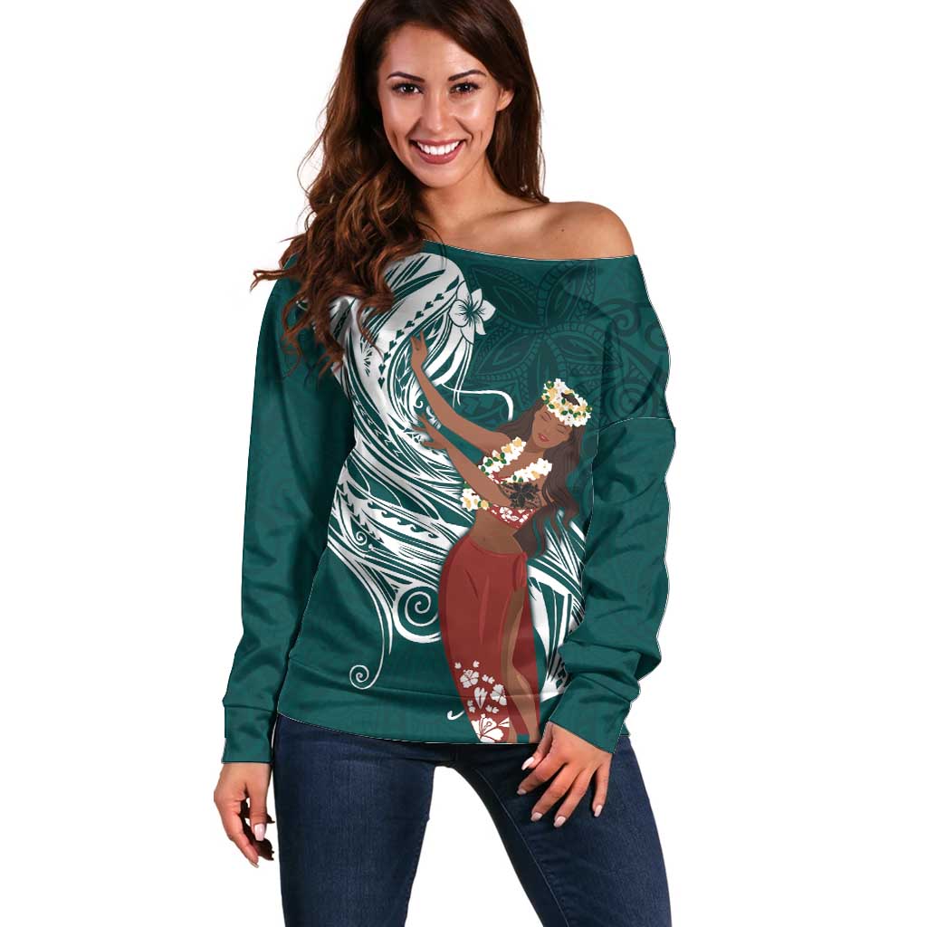 Tahiti Islands Polynesian Plumeria Off Shoulder Sweater Tahitian Vahine 'Ote'a - Teal LT7 Women Teal - Polynesian Pride