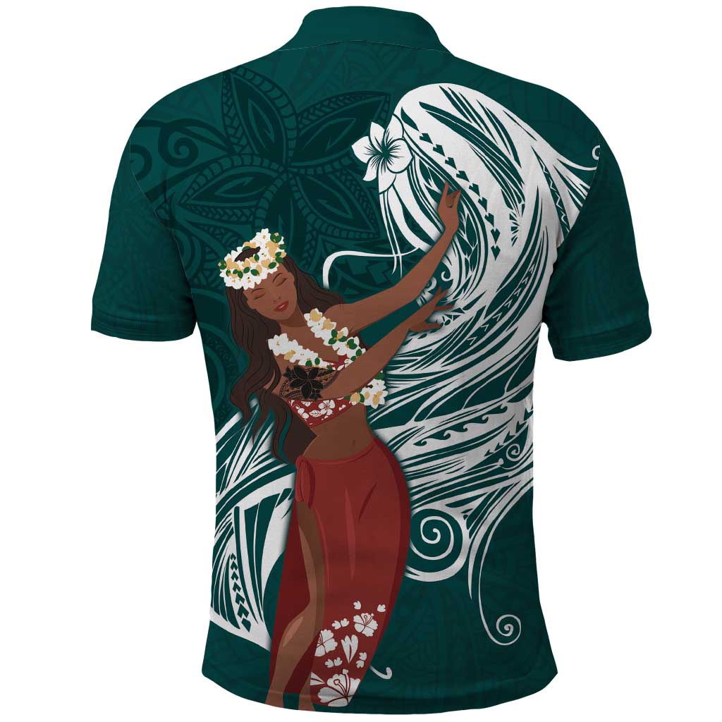 Tahiti Islands Polynesian Plumeria Polo Shirt Tahitian Vahine 'Ote'a - Teal