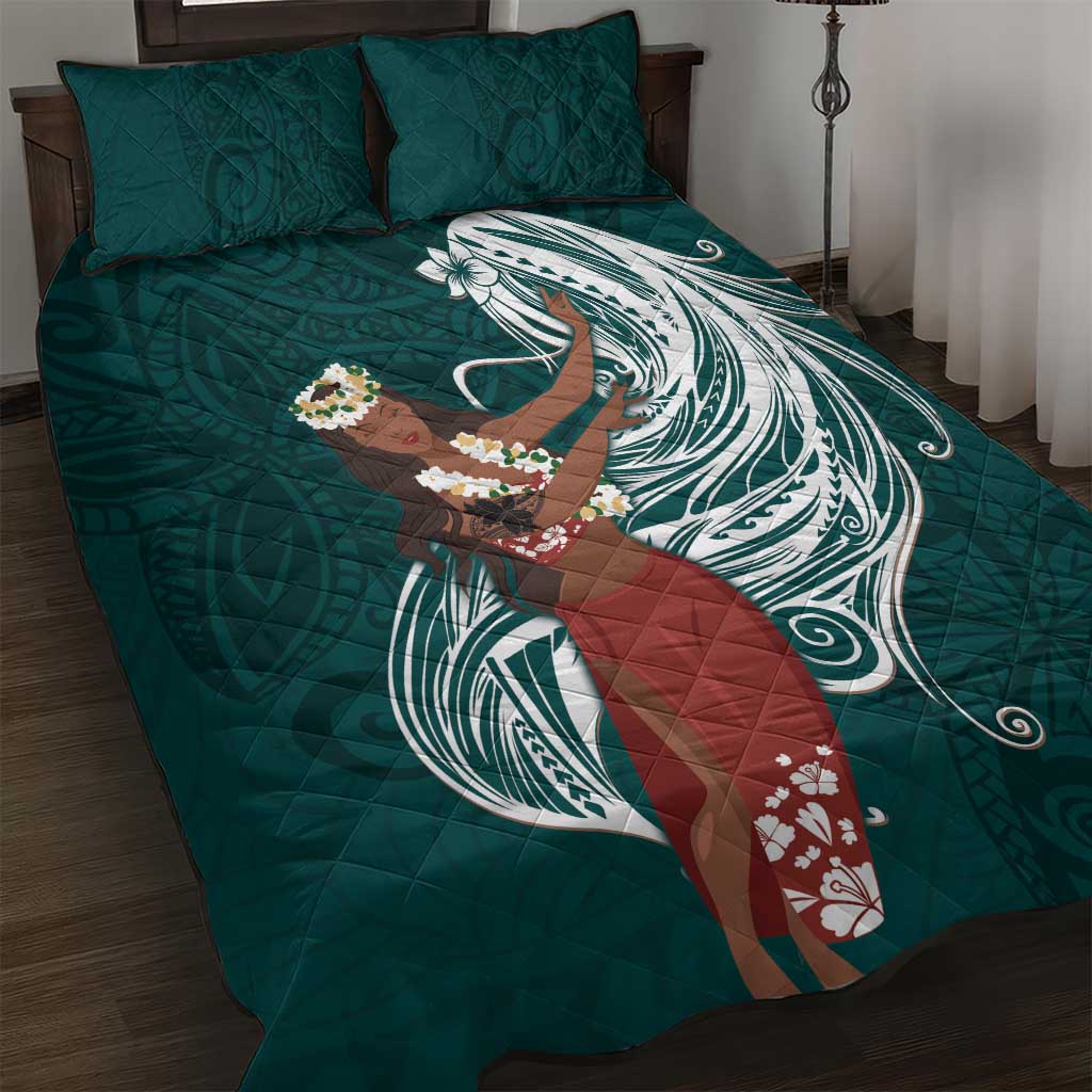 Tahiti Islands Polynesian Plumeria Quilt Bed Set Tahitian Vahine 'Ote'a - Teal LT7 Teal - Polynesian Pride