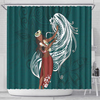 Tahiti Islands Polynesian Plumeria Shower Curtain Tahitian Vahine 'Ote'a - Teal
