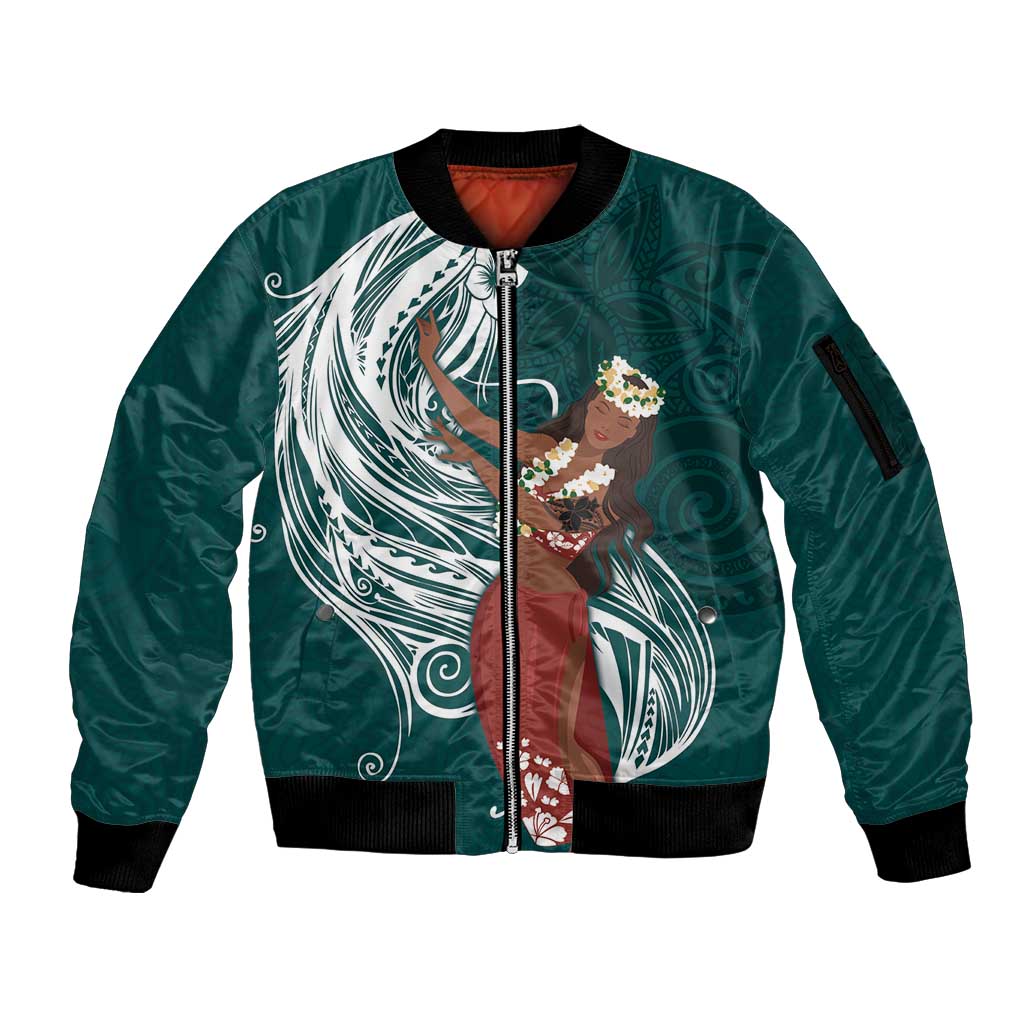Tahiti Islands Polynesian Plumeria Sleeve Zip Bomber Jacket Tahitian Vahine 'Ote'a - Teal LT7 Unisex Teal - Polynesian Pride