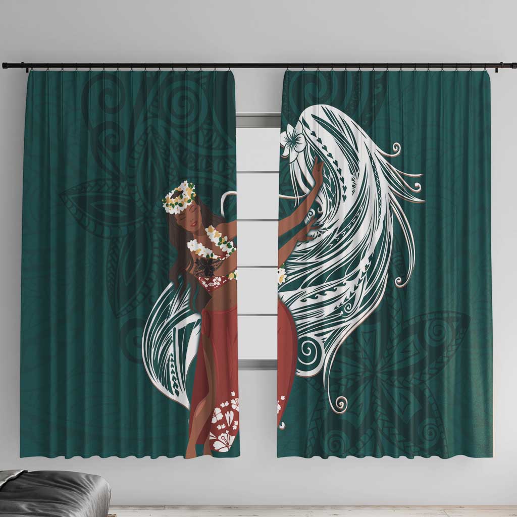 Tahiti Islands Polynesian Plumeria Window Curtain Tahitian Vahine 'Ote'a - Teal LT7 With Hooks Teal - Polynesian Pride