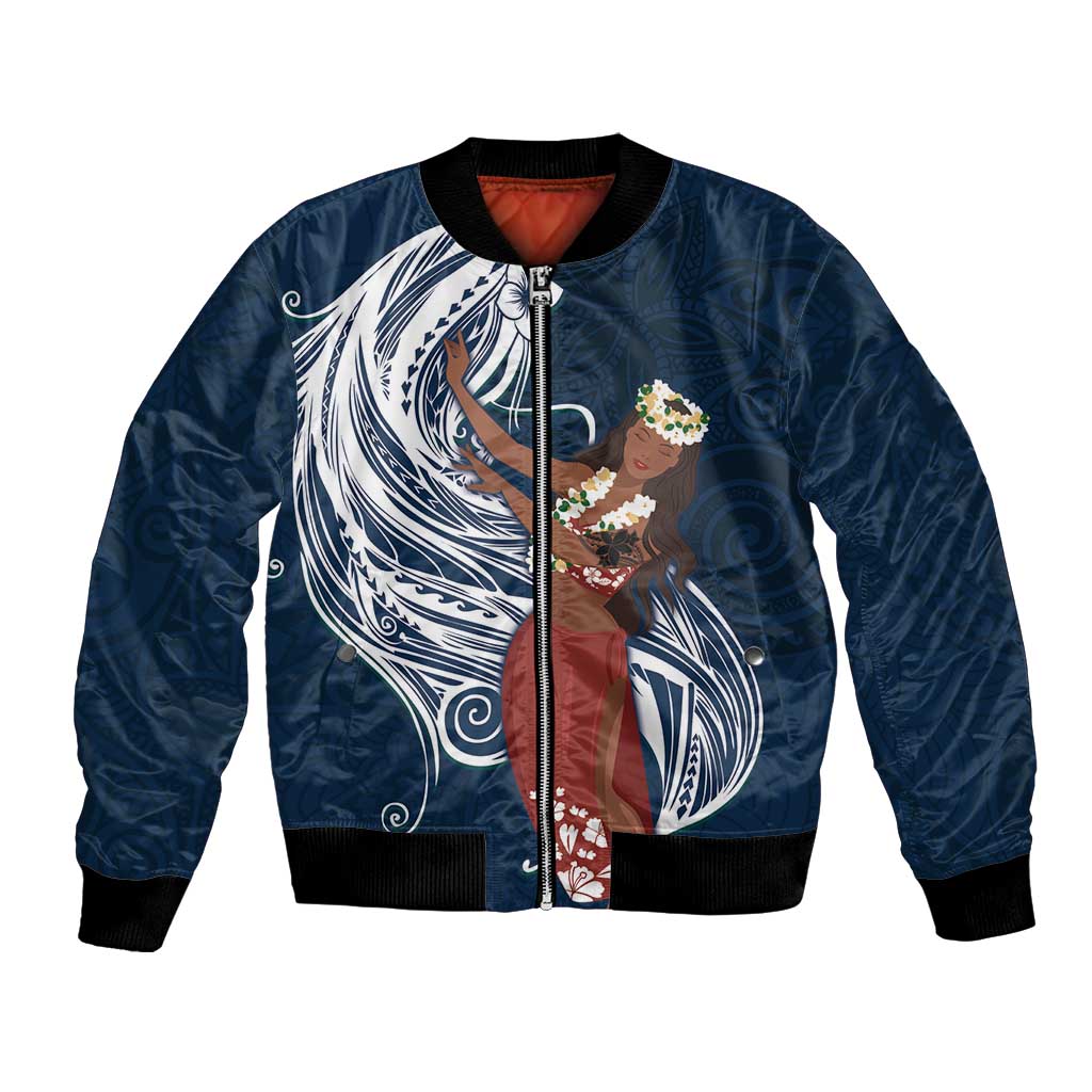 Tahiti Islands Polynesian Plumeria Bomber Jacket Tahitian Vahine 'Ote'a - Navy Blue LT7 Unisex Blue - Polynesian Pride