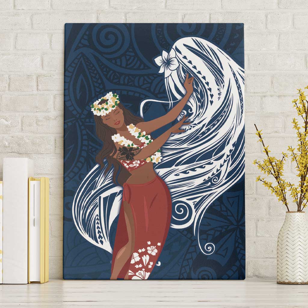 Tahiti Islands Polynesian Plumeria Canvas Wall Art Tahitian Vahine 'Ote'a - Navy Blue LT7 Without Frame Blue - Polynesian Pride