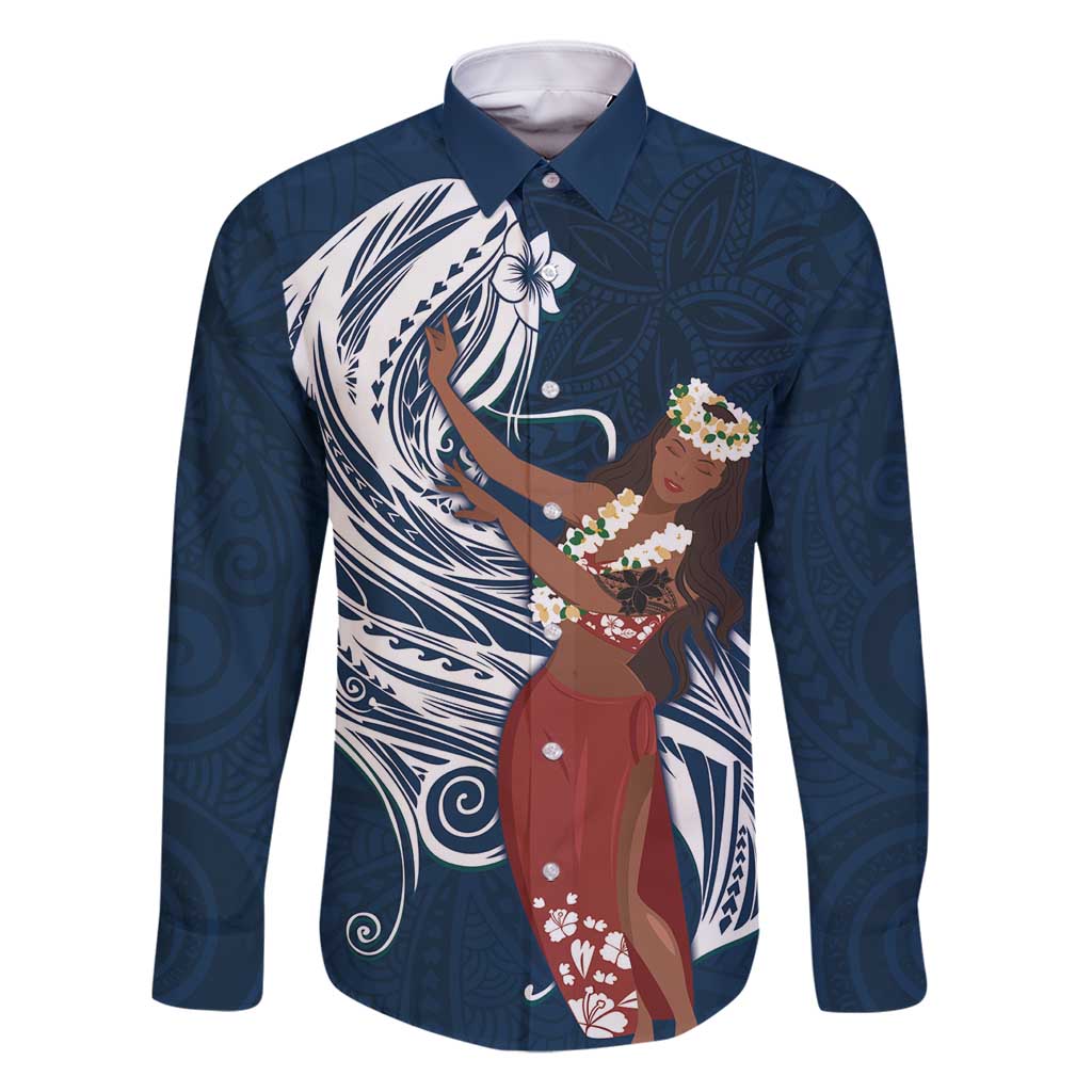 Tahiti Islands Polynesian Plumeria Family Matching Mermaid Dress and Hawaiian Shirt Tahitian Vahine 'Ote'a - Navy Blue LT7 Dad's Shirt - Long Sleeve Blue - Polynesian Pride