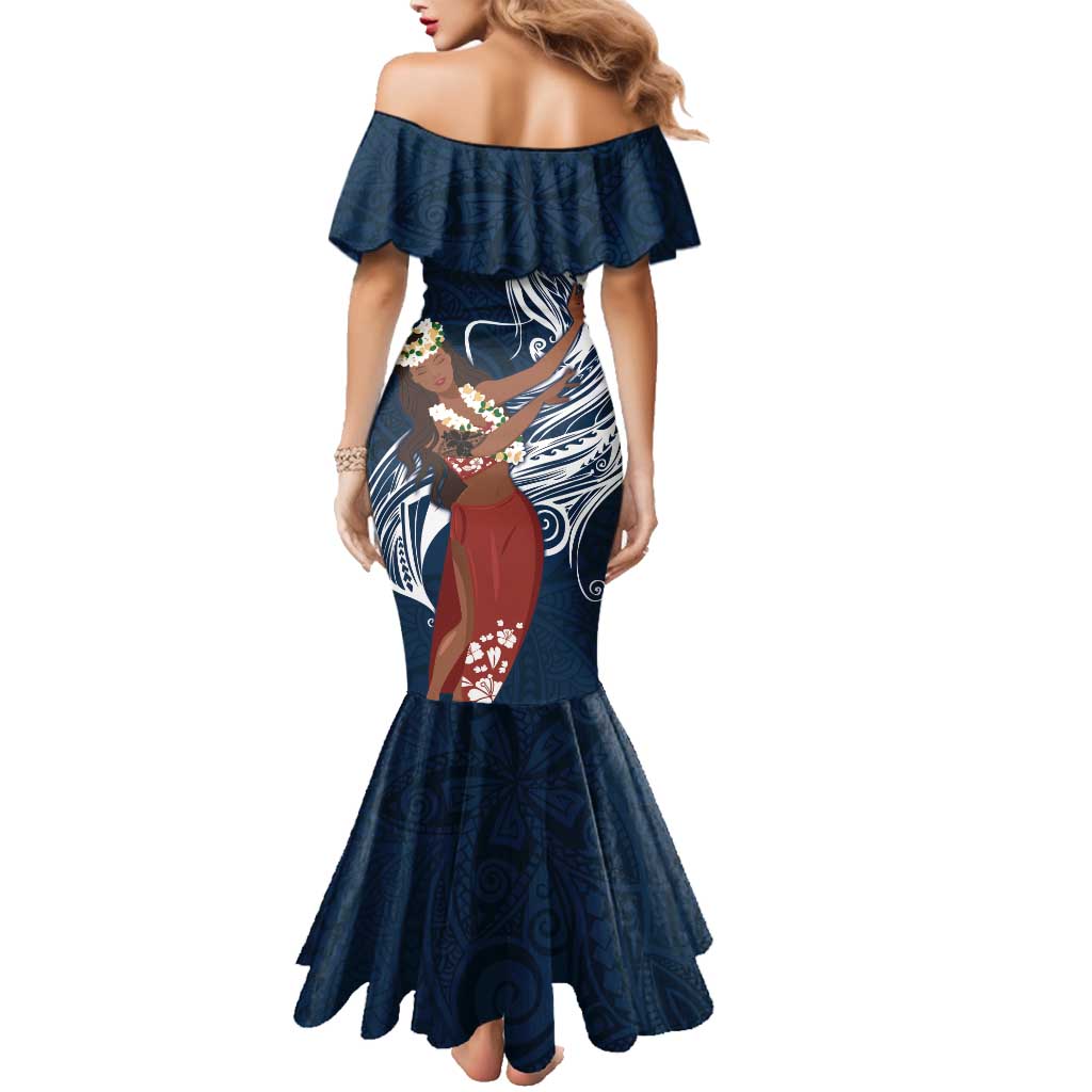 Tahiti Islands Polynesian Plumeria Family Matching Mermaid Dress and Hawaiian Shirt Tahitian Vahine 'Ote'a - Navy Blue LT7 - Polynesian Pride