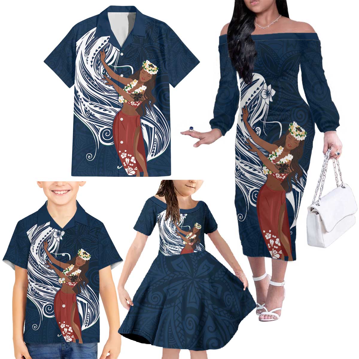 Tahiti Islands Polynesian Plumeria Family Matching Off The Shoulder Long Sleeve Dress and Hawaiian Shirt Tahitian Vahine 'Ote'a - Navy Blue LT7 - Polynesian Pride
