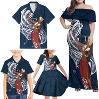 Tahiti Islands Polynesian Plumeria Family Matching Off Shoulder Maxi Dress and Hawaiian Shirt Tahitian Vahine 'Ote'a - Navy Blue