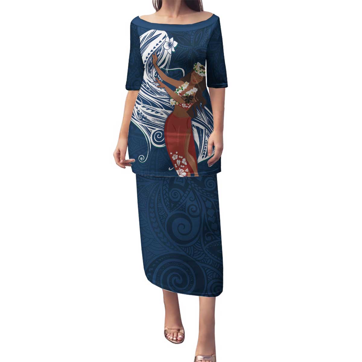 Tahiti Islands Polynesian Plumeria Family Matching Puletasi and Hawaiian Shirt Tahitian Vahine 'Ote'a - Navy Blue