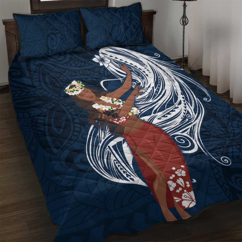 Tahiti Islands Polynesian Plumeria Quilt Bed Set Tahitian Vahine 'Ote'a - Navy Blue LT7 Blue - Polynesian Pride