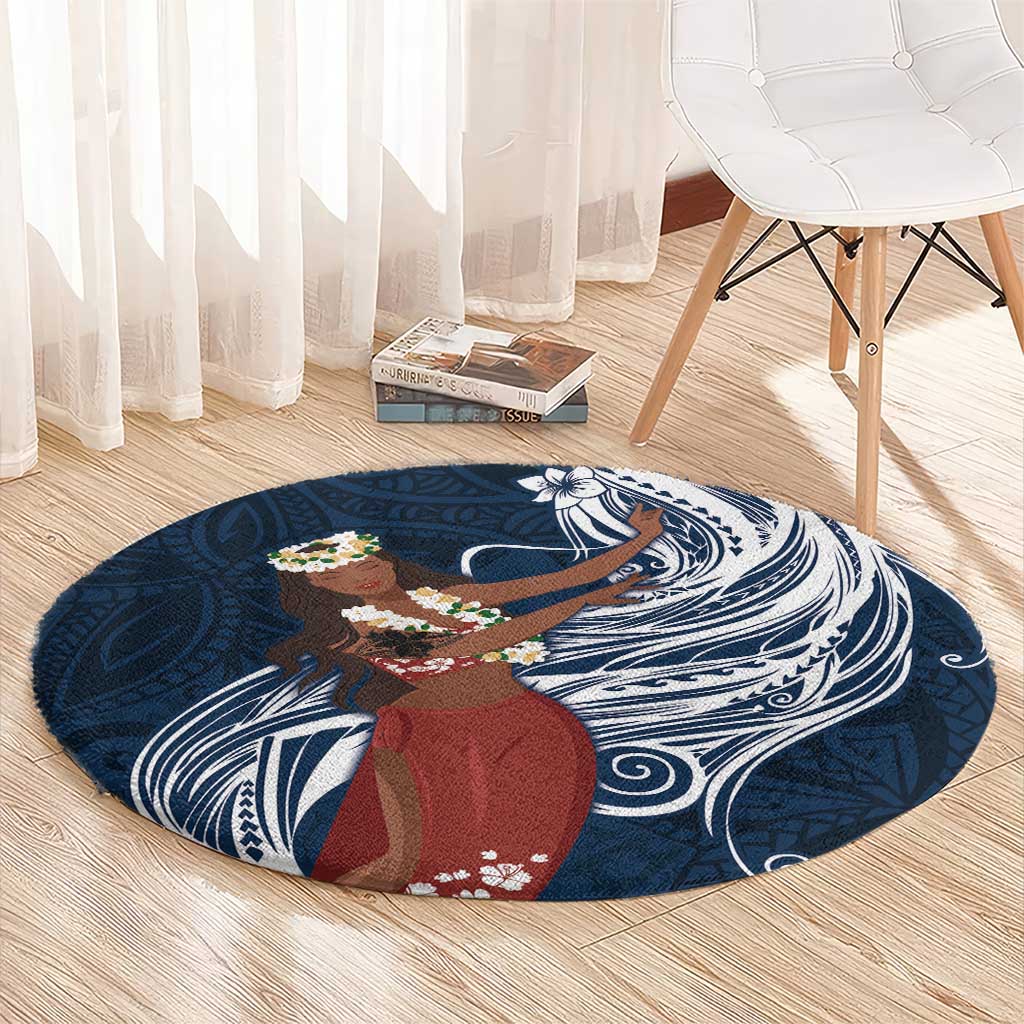 Tahiti Islands Polynesian Plumeria Round Carpet Tahitian Vahine 'Ote'a - Navy Blue