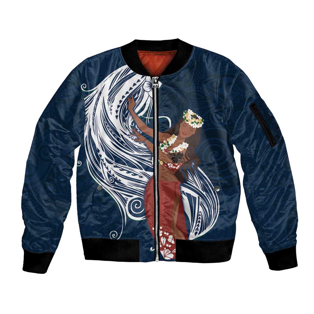 Tahiti Islands Polynesian Plumeria Sleeve Zip Bomber Jacket Tahitian Vahine 'Ote'a - Navy Blue LT7 Unisex Blue - Polynesian Pride