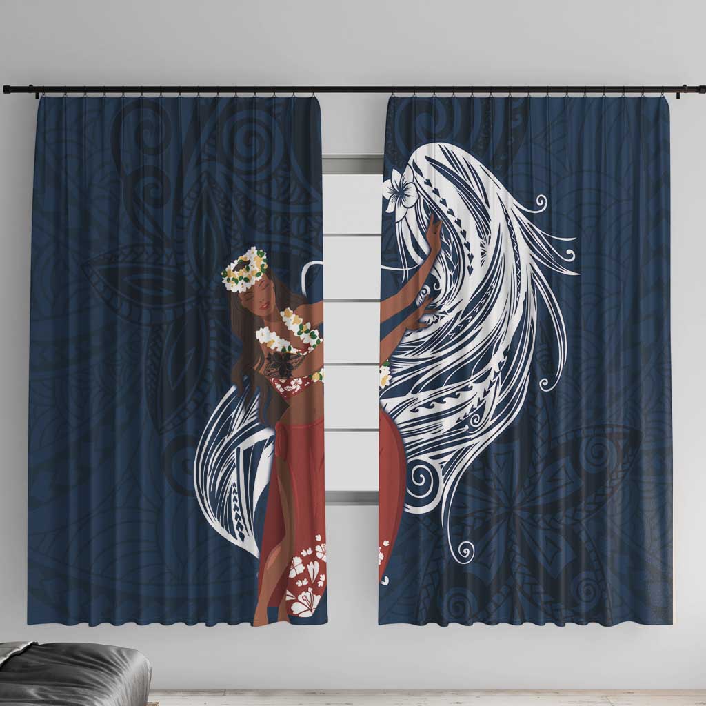 Tahiti Islands Polynesian Plumeria Window Curtain Tahitian Vahine 'Ote'a - Navy Blue LT7 With Hooks Blue - Polynesian Pride