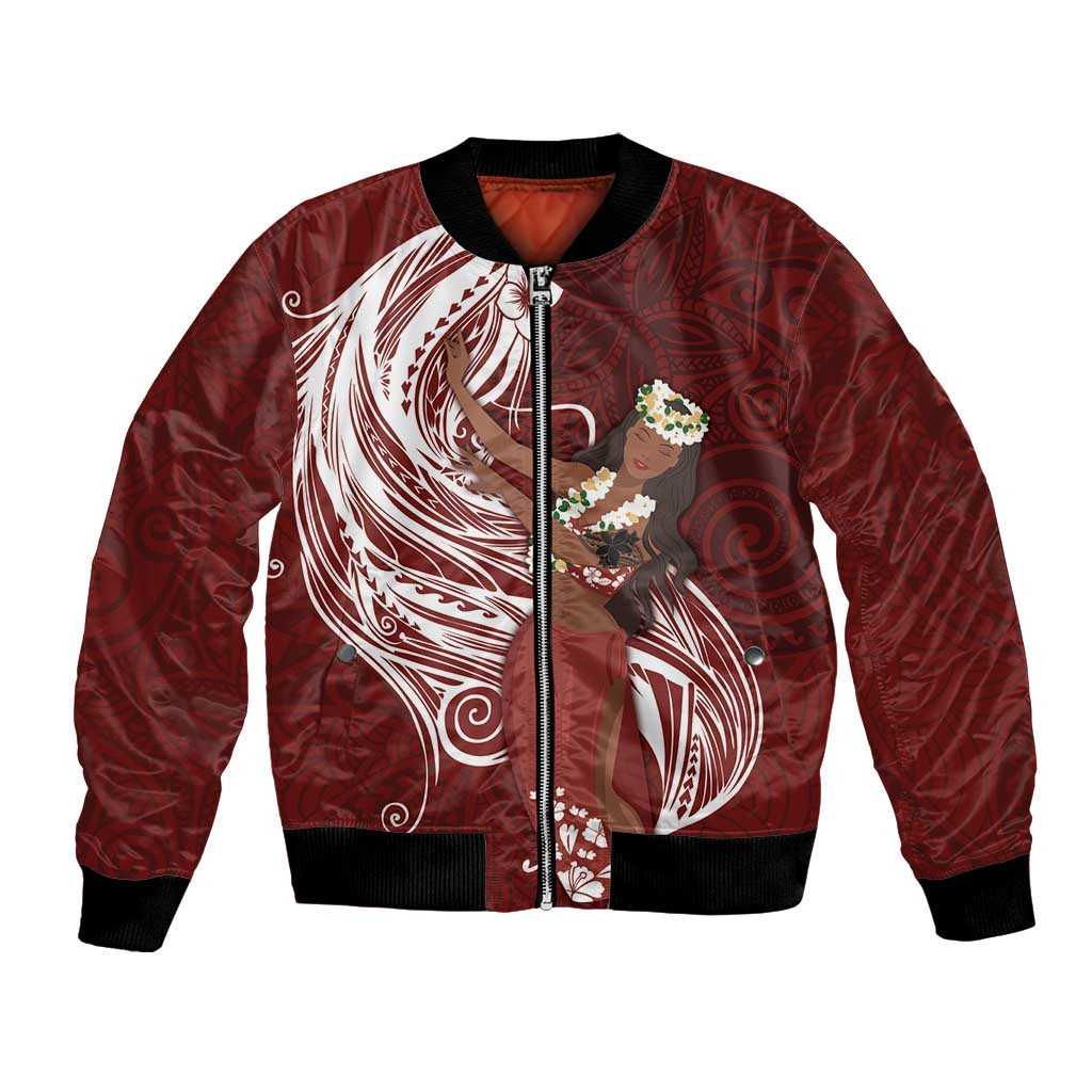 Tahiti Islands Polynesian Plumeria Bomber Jacket Tahitian Vahine 'Ote'a - Scarlet LT7 Unisex Red - Polynesian Pride