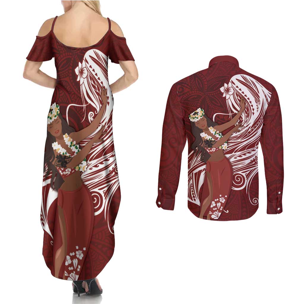 Tahiti Islands Polynesian Plumeria Couples Matching Summer Maxi Dress and Long Sleeve Button Shirt Tahitian Vahine 'Ote'a - Scarlet