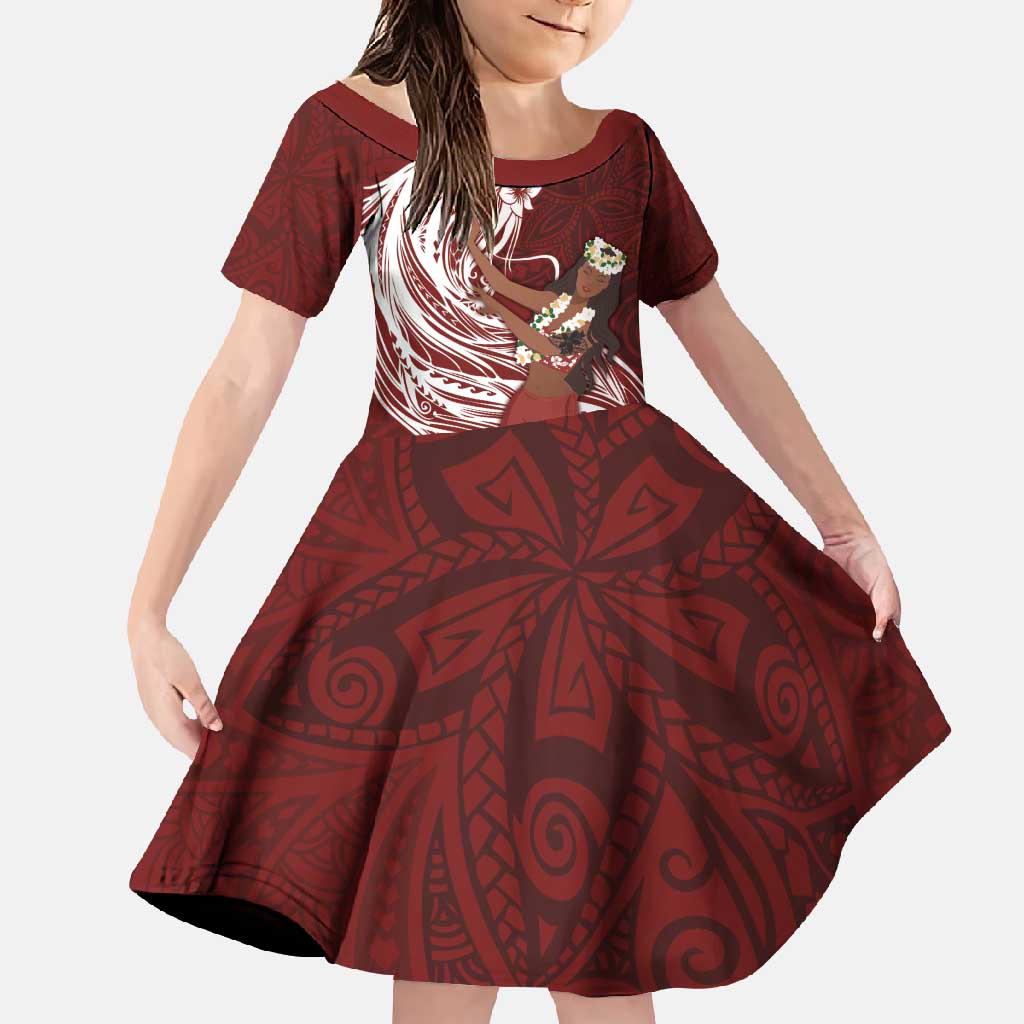 Tahiti Islands Polynesian Plumeria Family Matching Mermaid Dress and Hawaiian Shirt Tahitian Vahine 'Ote'a - Scarlet LT7 Daughter's Dress Red - Polynesian Pride