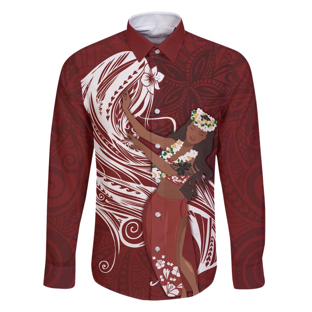Tahiti Islands Polynesian Plumeria Family Matching Mermaid Dress and Hawaiian Shirt Tahitian Vahine 'Ote'a - Scarlet LT7 Dad's Shirt - Long Sleeve Red - Polynesian Pride