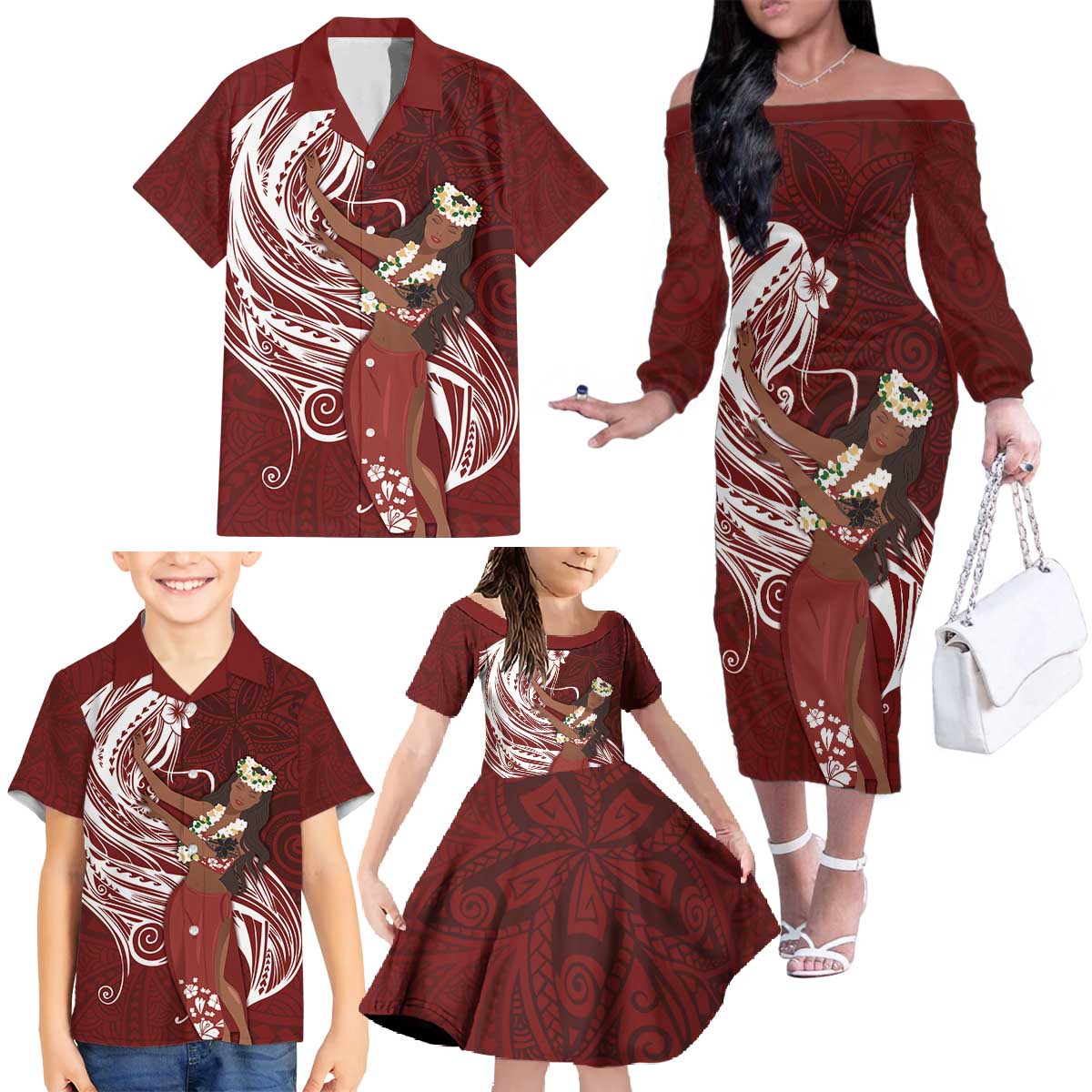 Tahiti Islands Polynesian Plumeria Family Matching Off The Shoulder Long Sleeve Dress and Hawaiian Shirt Tahitian Vahine 'Ote'a - Scarlet LT7 - Polynesian Pride