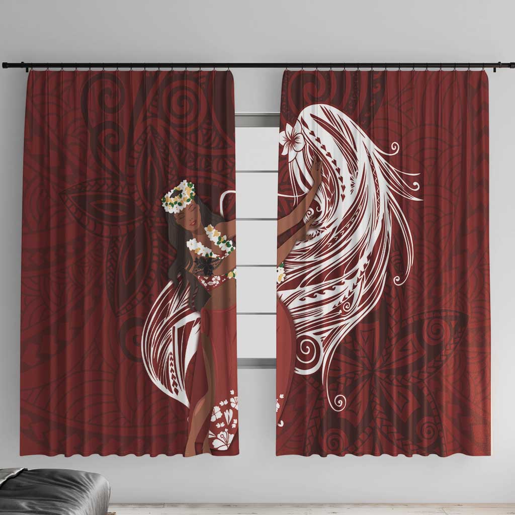 Tahiti Islands Polynesian Plumeria Window Curtain Tahitian Vahine 'Ote'a - Scarlet LT7 With Hooks Red - Polynesian Pride