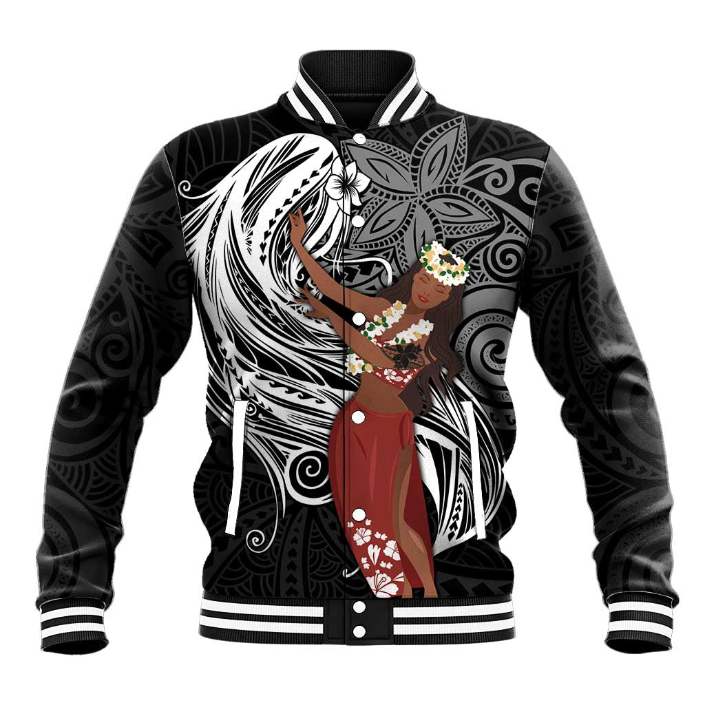 Tahiti Islands Polynesian Plumeria Baseball Jacket Tahitian Vahine 'Ote'a - Black LT7 Unisex Black - Polynesian Pride