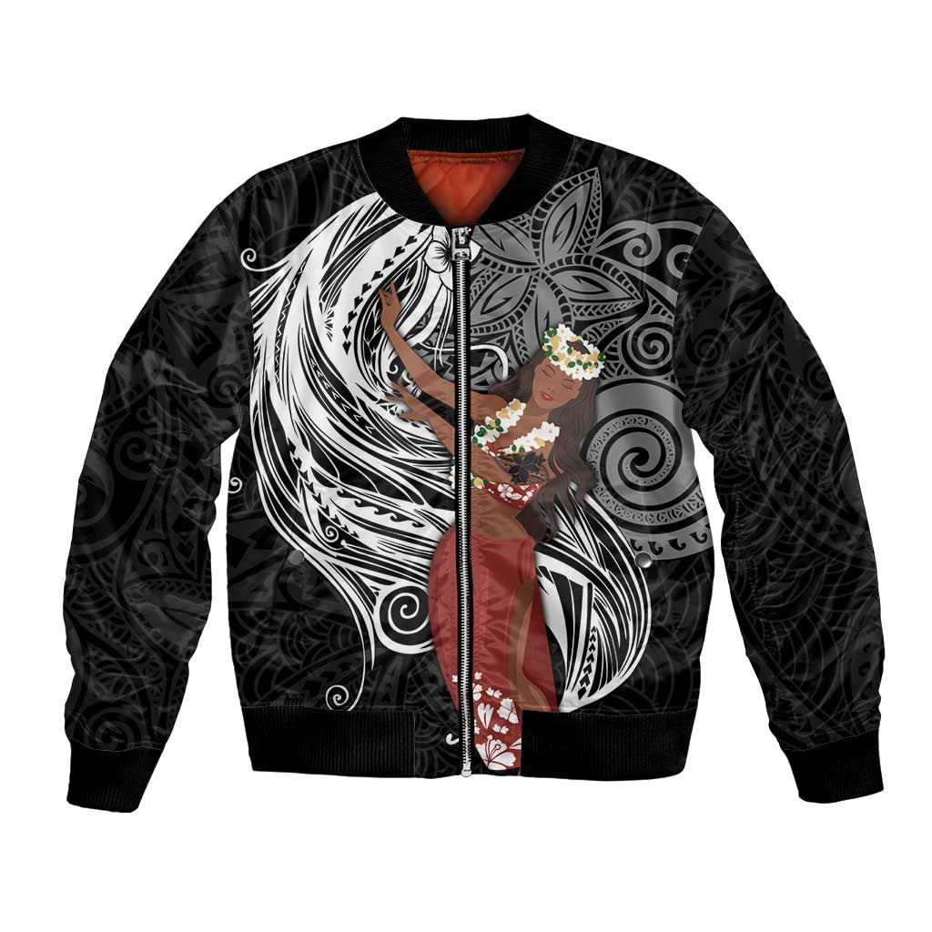 Tahiti Islands Polynesian Plumeria Bomber Jacket Tahitian Vahine 'Ote'a - Black LT7 Unisex Black - Polynesian Pride