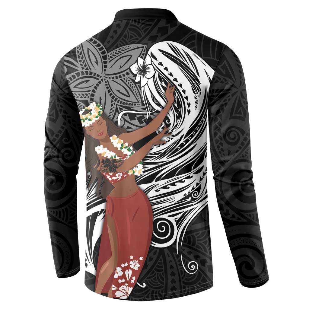 Tahiti Islands Polynesian Plumeria Button Sweatshirt Tahitian Vahine 'Ote'a - Black