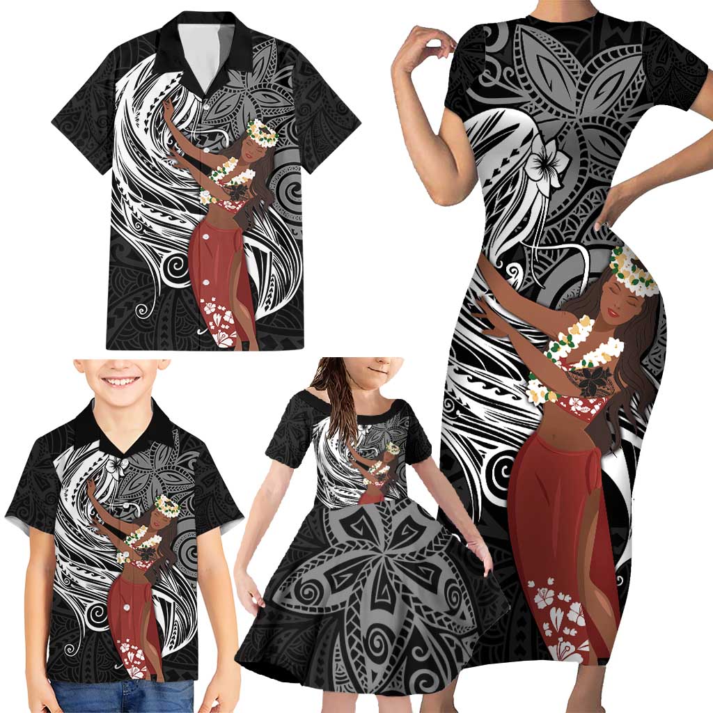 Tahiti Islands Polynesian Plumeria Family Matching Short Sleeve Bodycon Dress and Hawaiian Shirt Tahitian Vahine 'Ote'a - Black LT7 - Polynesian Pride