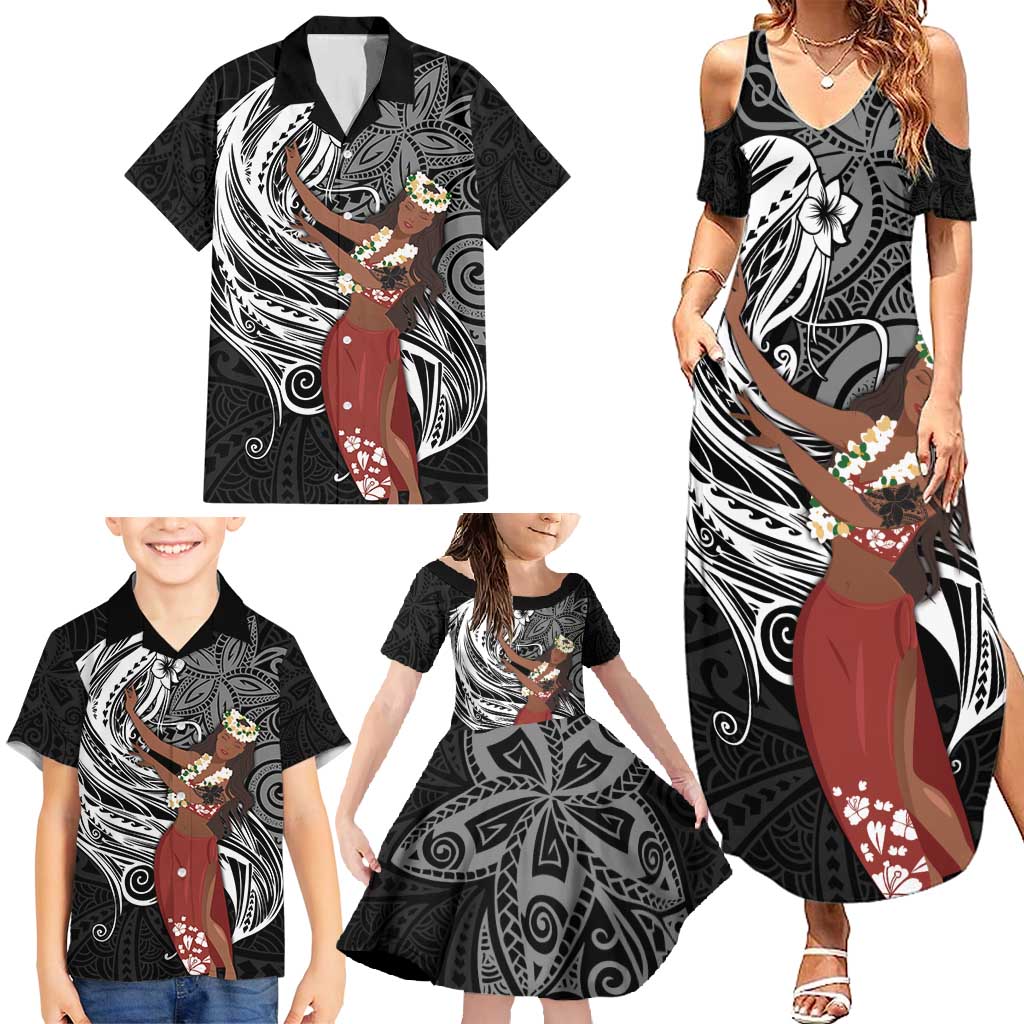Tahiti Islands Polynesian Plumeria Family Matching Summer Maxi Dress and Hawaiian Shirt Tahitian Vahine 'Ote'a - Black LT7 - Polynesian Pride