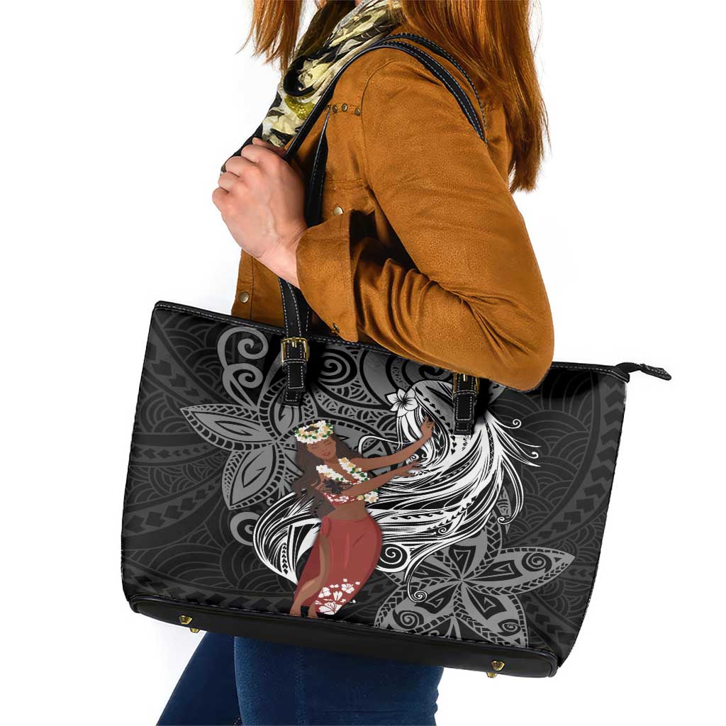 Tahiti Islands Polynesian Plumeria Leather Tote Bag Tahitian Vahine 'Ote'a - Black LT7 Black - Polynesian Pride